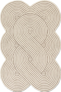 A beige and off-white textured area rug with a wavy, interlocking loop pattern resembling a stylized infinity symbol.