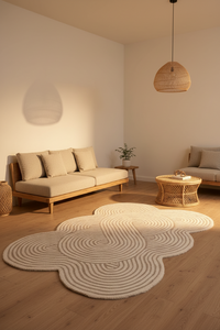 A modern living room featuring a large, cloud-shaped cream and beige textured rug on a light wood floor, with a beige sofa, a woven rattan pendant light, and a small round woven coffee table.