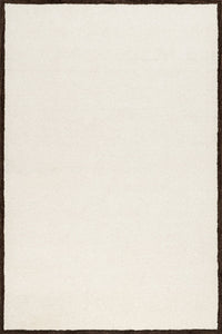An off-white rectangular rug with a dark brown border, filling the entire frame.