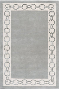 A rectangular area rug with a solid light gray center, bordered by a wide cream border featuring a repeating chain-link pattern in light gray.
