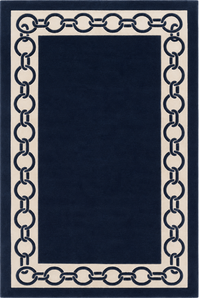 IVORY & NAVY BLUE RING BORDERED HAND TUFTED RUG
