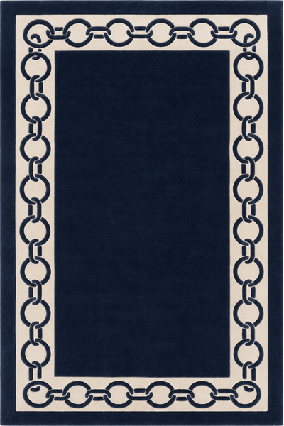 IVORY & NAVY BLUE RING BORDERED HAND TUFTED RUG