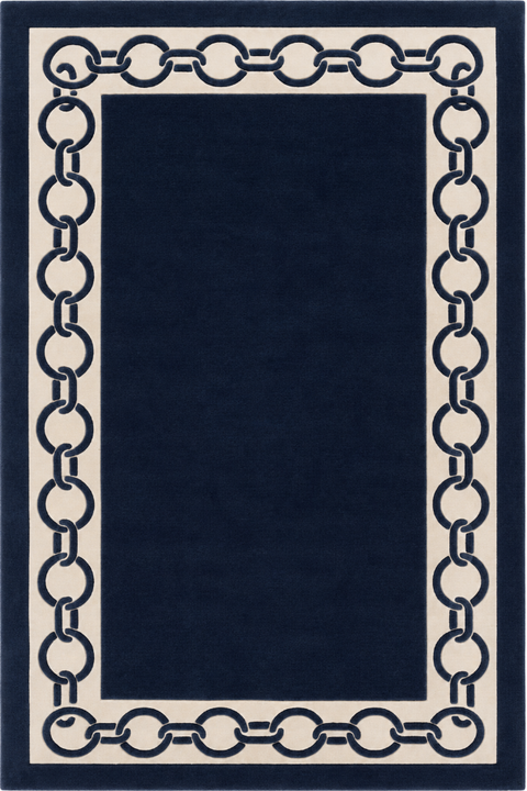IVORY & NAVY BLUE RING BORDERED HAND TUFTED RUG luxury rug India