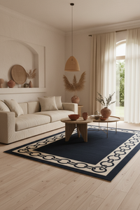 A styled living room featuring a navy blue area rug with a cream-colored decorative border, placed under a wooden pendant lamp and above a light wood coffee table.