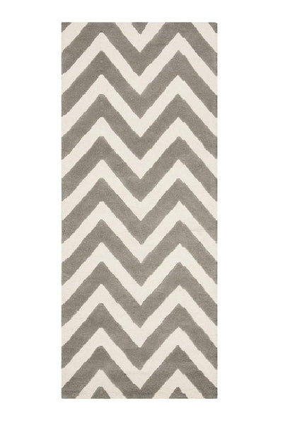 GREY AND IVORY CHEVRON HAND TUFTED RUNNER CARPET