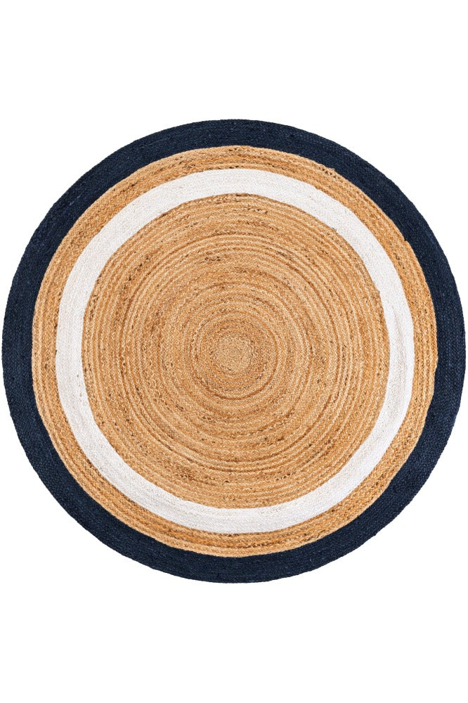 IVORY BLUE STRIPED HAND WOVEN ROUND JUTE RUG