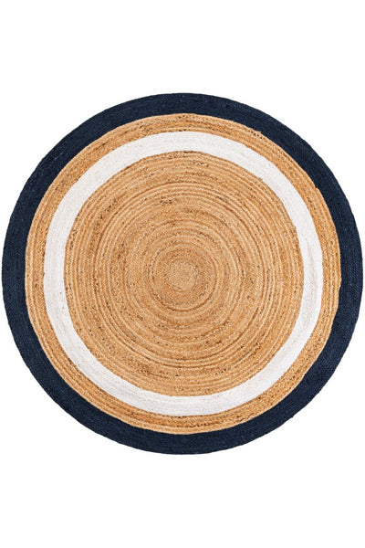 IVORY BLUE STRIPED HAND WOVEN ROUND JUTE RUG