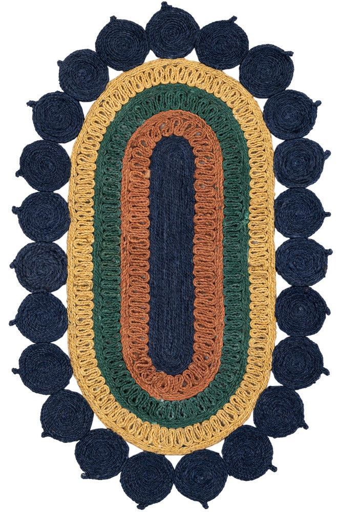 NAVY BLUE MULTICOLOR STRIPED HAND WOVEN OVAL JUTE RUG