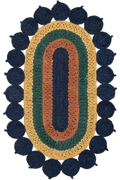 NAVY BLUE MULTICOLOR STRIPED HAND WOVEN OVAL JUTE RUG
