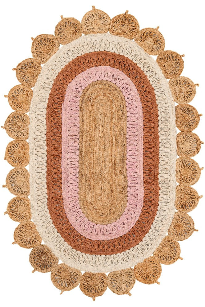 NATURAL PINK STRIPED HAND WOVEN OVAL JUTE RUG