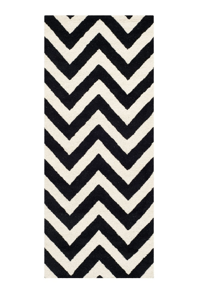 BLACK IVORY CHEVRON MODERN HAND TUFTED RUNNER CARPET