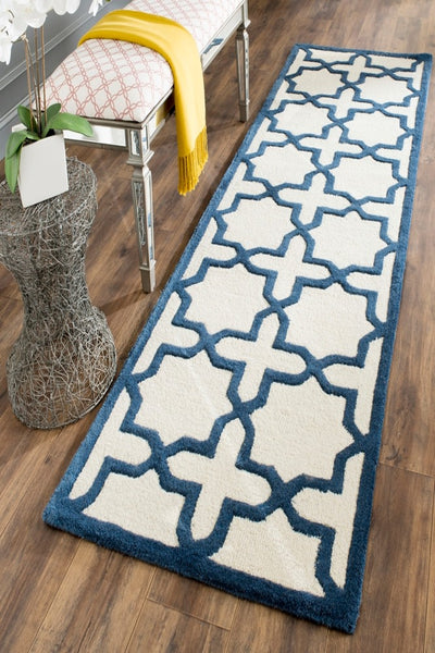 BLUE AND IVORY TRELLIS HAND TUFTED RUNNER
