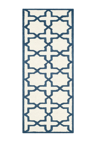 BLUE AND IVORY TRELLIS HAND TUFTED RUNNER CARPET