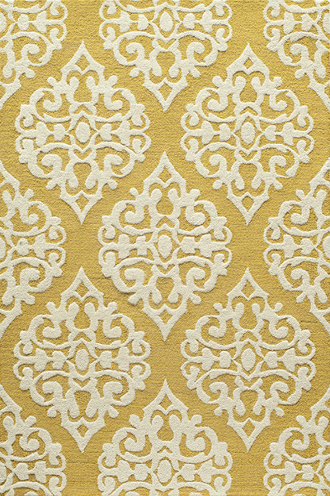 YELLOW AND WHITE DAMASK HAND TUFTED CARPET