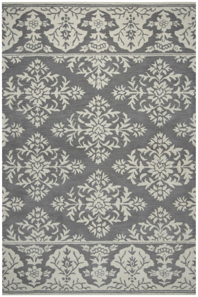GREY AND IVORY DAMASK HAND TUFTED CARPET