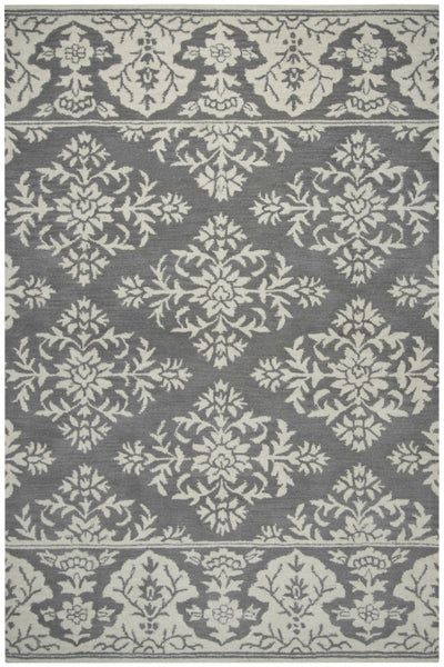 GREY AND IVORY DAMASK HAND TUFTED CARPET