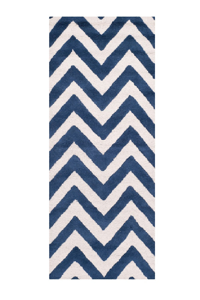 BLUE AND WHITE CHEVRON HAND TUFTED RUNNER CARPET