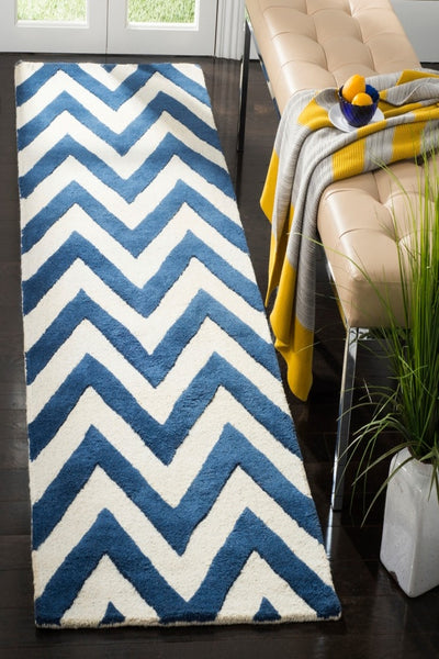 BLUE AND WHITE CHEVRON HAND TUFTED RUNNER CARPET