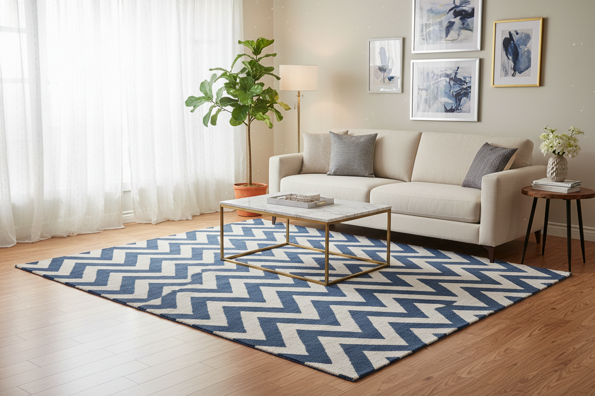 BLUE AND WHITE CHEVRON HAND TUFTED RUG