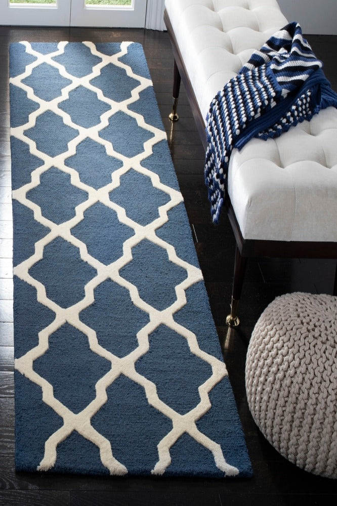 BLUE AND WHITE MOROCCAN HAND TUFTED RUNNER CARPET
