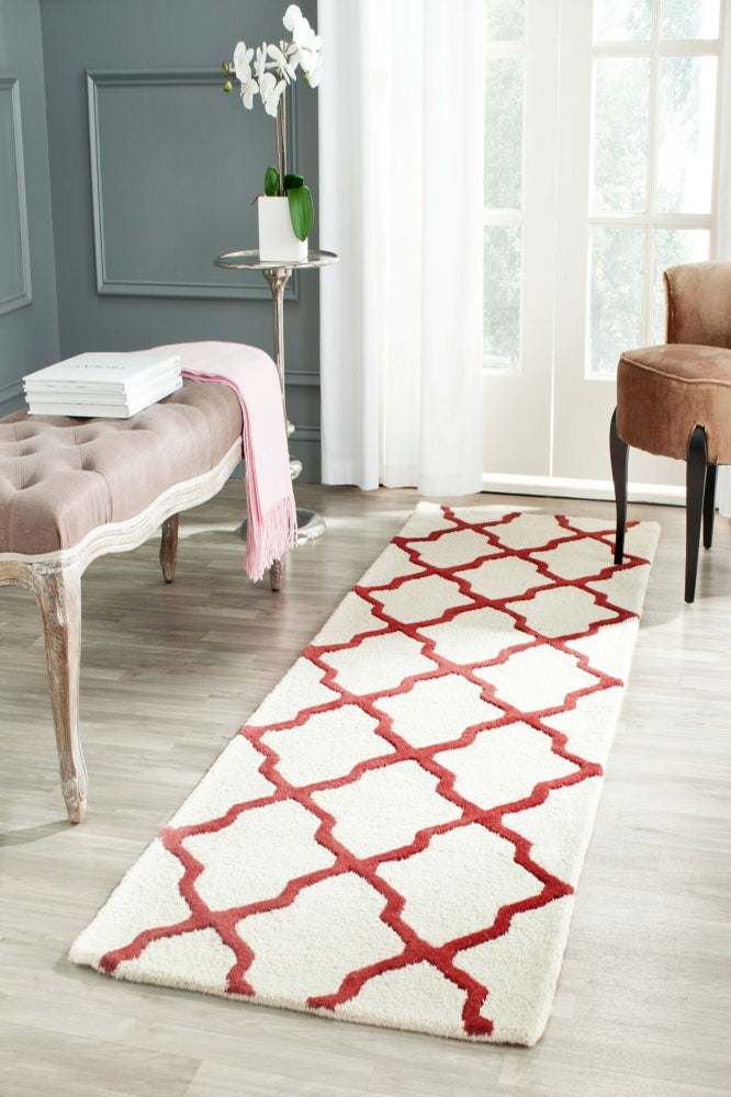 RED AND IVORY MOROCCAN HAND TUFTED RUNNER CARPET