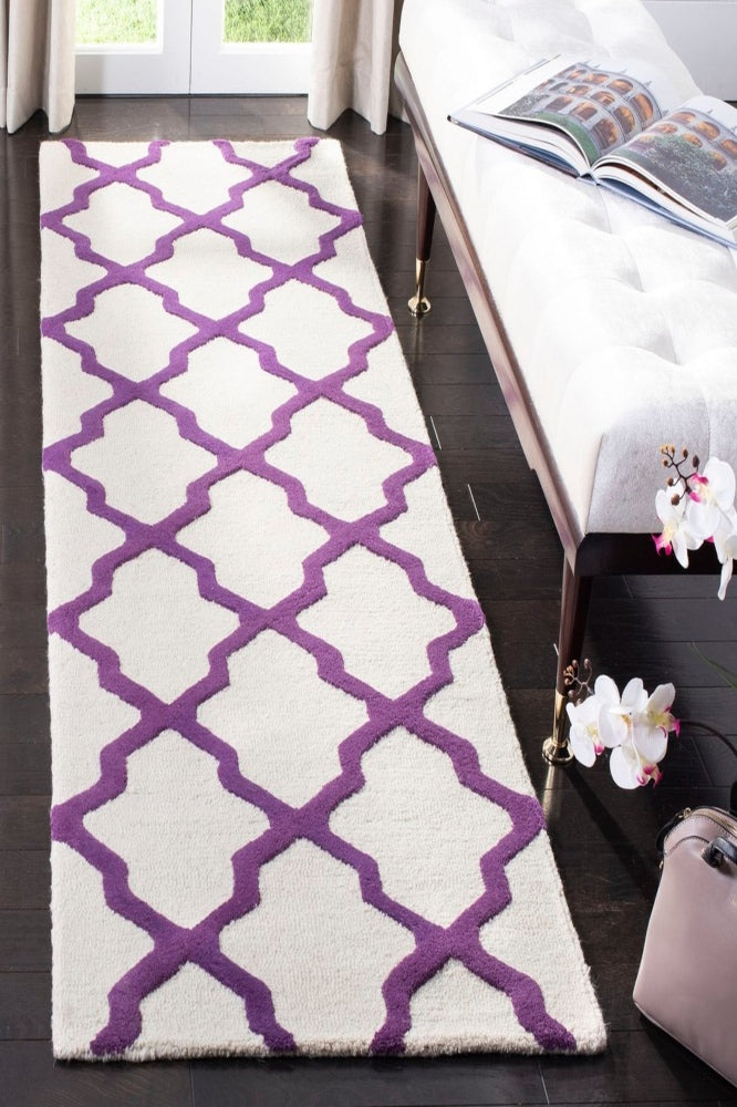 PURPLE AND IVORY MOROCCAN HAND TUFTED RUNNER CARPET