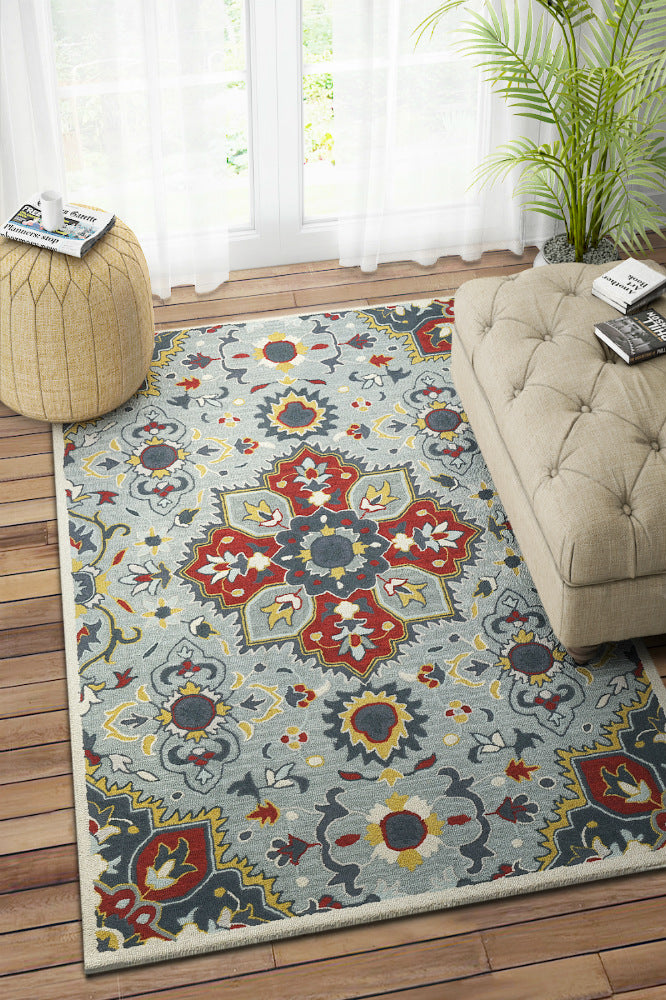 GREY AND RED FLORAL HAND TUFTED CARPET