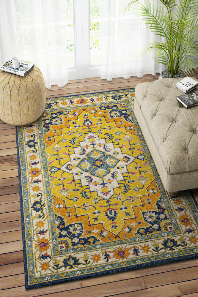 YELLOW MULTICOLOR TRADITIONAL HAND TUFTED RUG