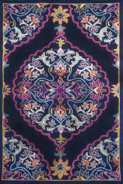 NAVY BLUE AND PINK MEDALLION HAND TUFTED CARPET