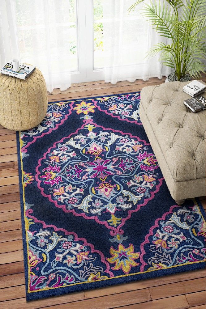 NAVY BLUE AND PINK MEDALLION HAND TUFTED CARPET - Imperial Knots