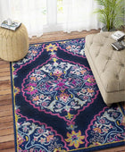 NAVY BLUE AND PINK MEDALLION HAND TUFTED CARPET - Imperial Knots