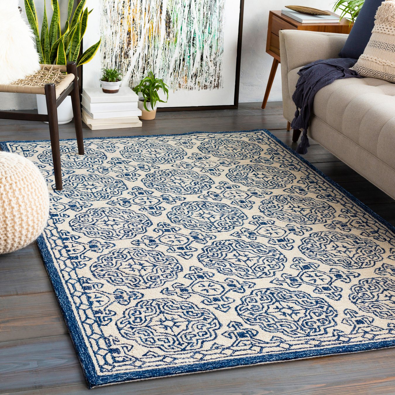 IVORY AND BLUE TRADITIONAL HAND TUFTED CARPET
