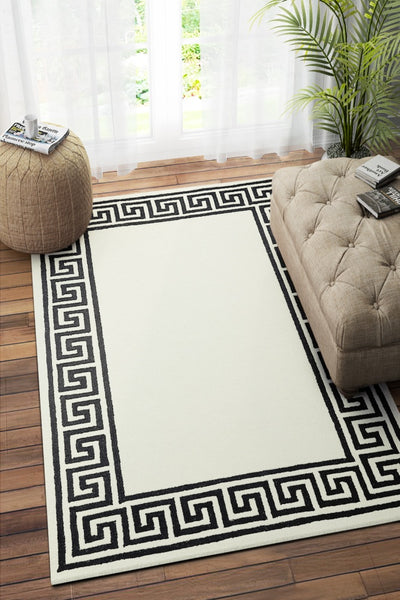 IVORY BLACK GREEK KEY HAND TUFTED CARPET