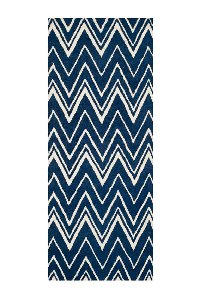 BLUE AND IVORY CHEVRON HAND TUFTED RUNNER CARPET