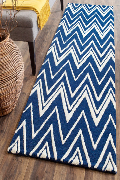 BLUE AND IVORY CHEVRON HAND TUFTED RUNNER