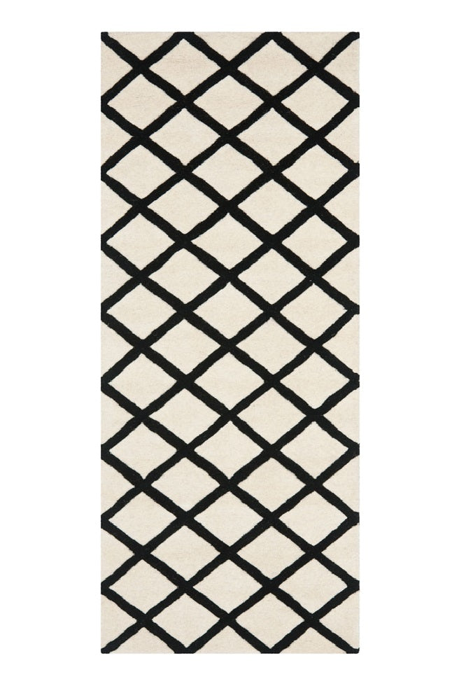 IVORY AND BLACK GEOMETRIC HAND TUFTED RUNNER CARPET