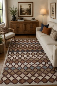 A large area rug with a geometric diamond pattern in brown, beige, cream, and muted blue, styled in a cozy living room next to a cream sofa and a wooden credenza