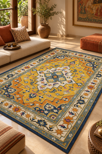 A large rectangular area rug with a traditional medallion pattern in yellow, blue, cream, and orange, styled in a warm, sunlit living room with a sofa, ottomans, and potted plants.