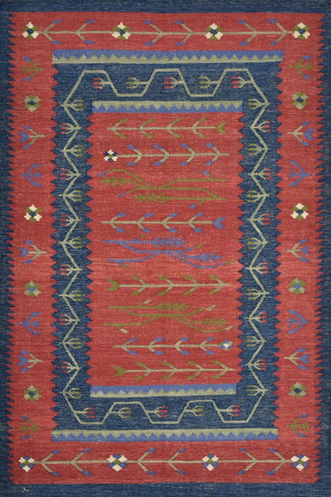 RUST AND BLUE VINTAGE HAND WOVEN KILIM DHURRIE