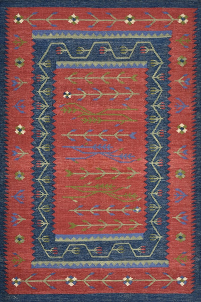 RUST AND BLUE VINTAGE HAND WOVEN KILIM DHURRIE