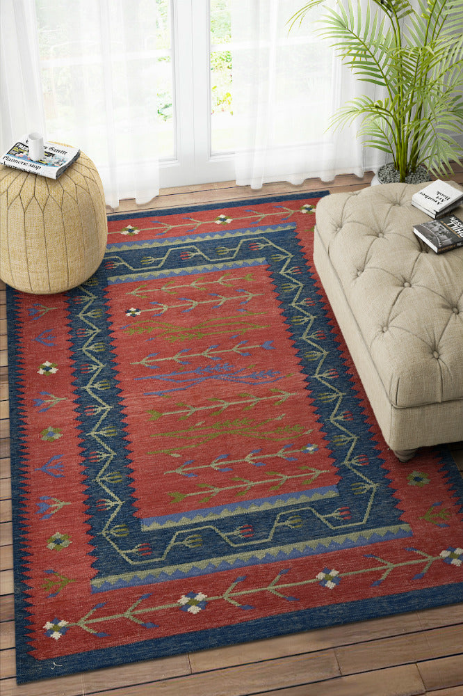 RUST AND BLUE VINTAGE HAND WOVEN KILIM DHURRIE