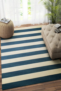 IVORY BLUE STRIPES HAND WOVEN DHURRIE by Imperial Knots - Image 1