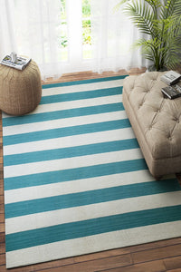 IVORY TEAL STRIPES HAND WOVEN DHURRIE by Imperial Knots - Image 1