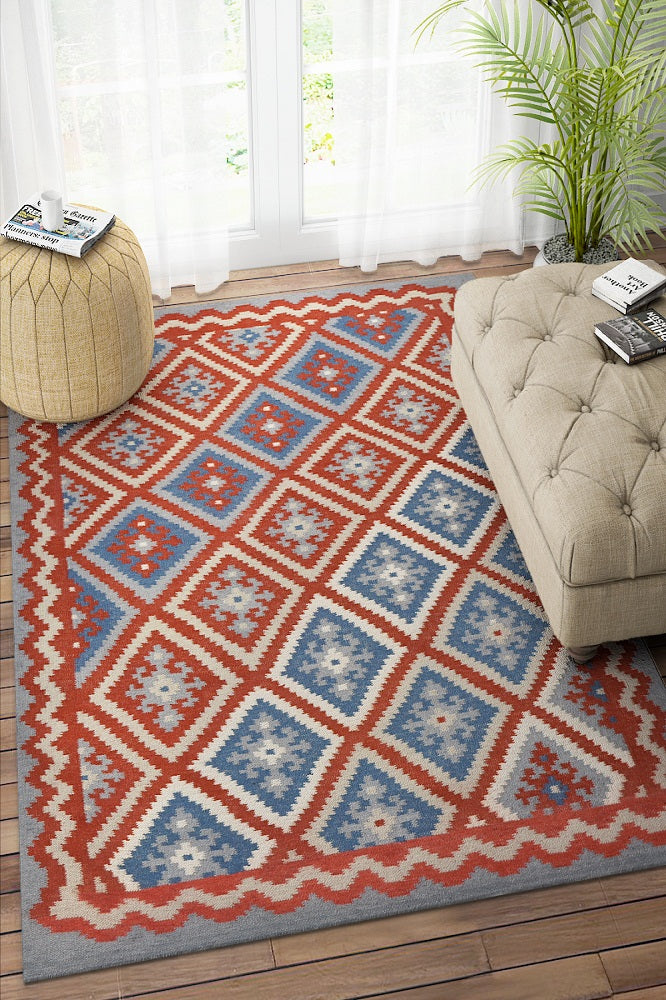 GREY RED AZTEC HAND WOVEN KILIM DHURRIE