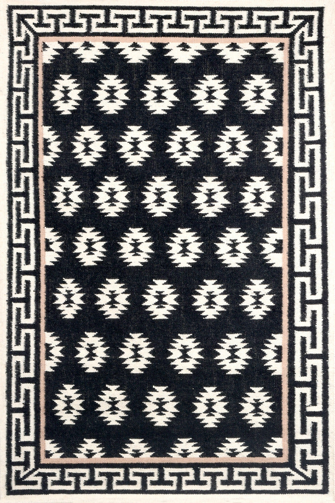 BLACK AND WHITE AZTEC HAND WOVEN KILIM DHURRIE