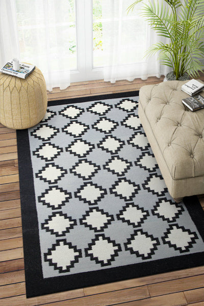 GREY AND BLACK AZTEC HAND WOVEN KILIM DHURRIE