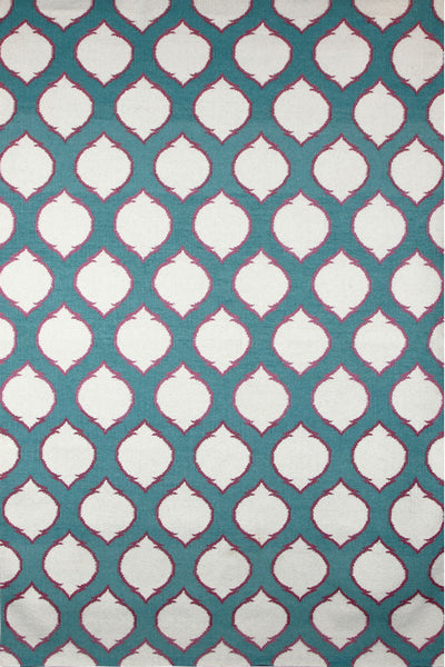 IVORY AND TEAL HAND WOVEN KILIM DHURRIE