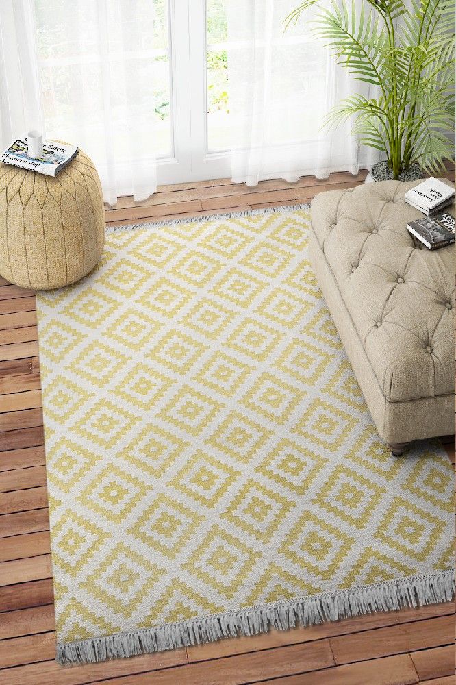 YELLOW IVORY PIXEL KILIM HAND WOVEN DHURRIE
