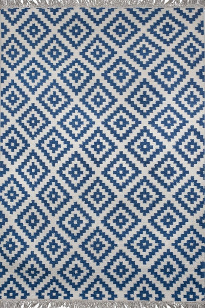NAVY BLUE IVORY PIXEL KILIM HAND WOVEN DHURRIE