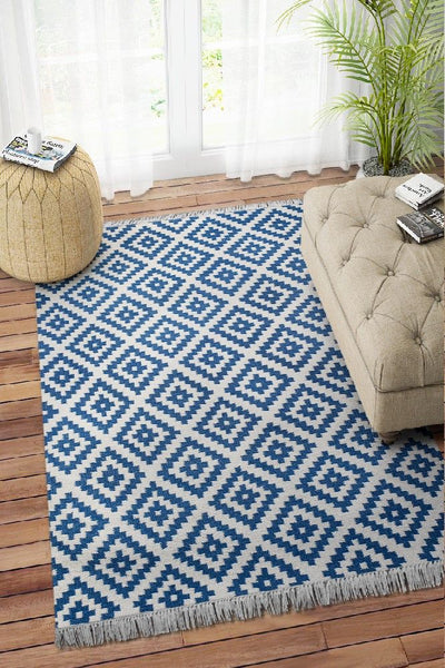 NAVY BLUE IVORY PIXEL KILIM HAND WOVEN DHURRIE
